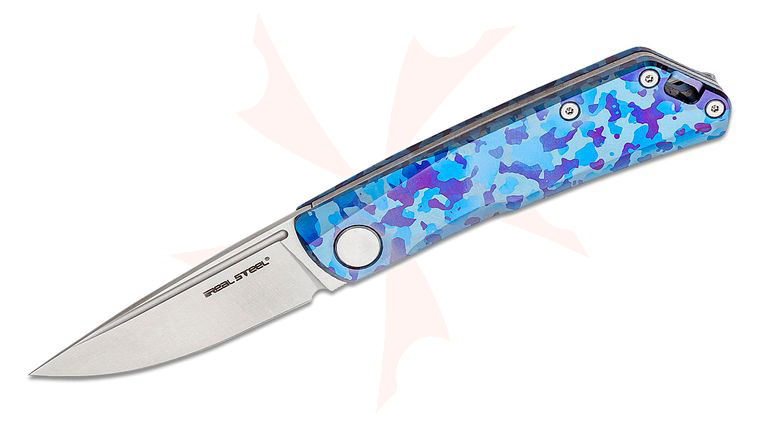 Real Steel Knives Luna Slipjoint Folding Knife 2.76 inch N690 Satin Drop Point Blade, Blue Camo Titanium Handles