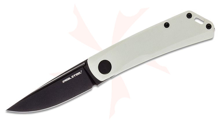 Real Steel Knives Luna Lite Slipjoint Folding Knife 2.76 inch Black D2 Drop Point Blade, White G10 Handles - KnifeCenter Exclusive