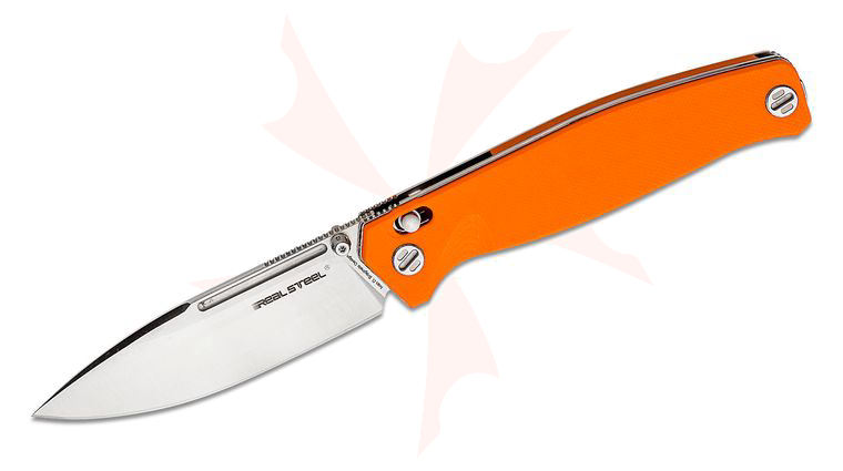 Real Steel Knives Huginn Slide Lock Folding Knife 3.66 inch VG-10 Satin Drop Point Blade, Milled Orange G10 Handles