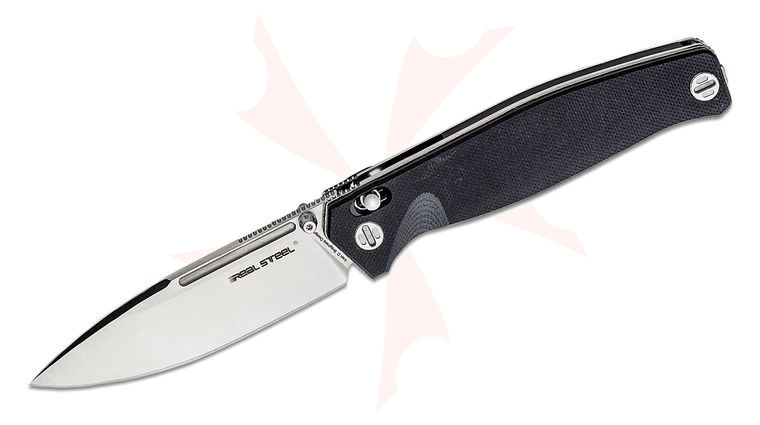 Real Steel Knives Huginn Slide Lock Folding Knife 3.66 inch VG-10 Satin Drop Point Blade, Milled Black G10 Handles