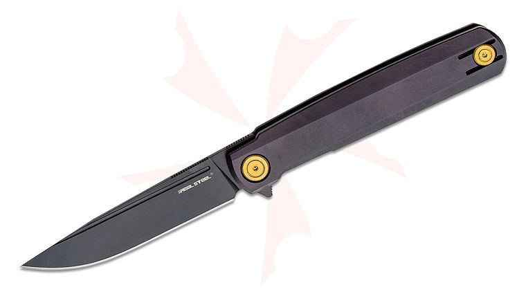 Real Steel Knives G-Frame Flipper Knife 3.46 inch N690 Black Blade, Black Titanium Handles with Gold Hardware