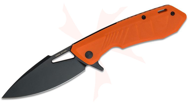 Real Steel Knives Pelican Flipper Knife 3.35 inch Black D2 Drop Point Blade, Orange G10 & Black Stainless Steel Handles