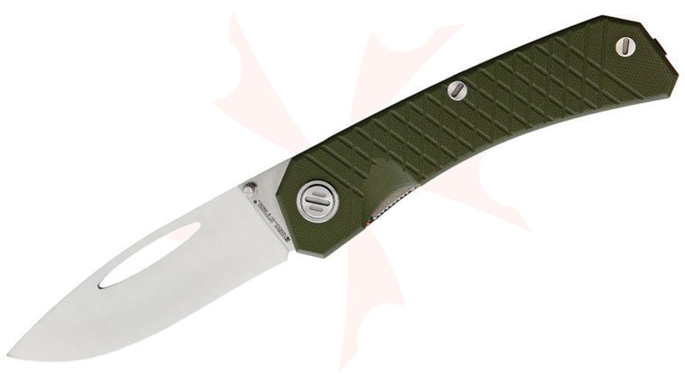 Real Steel Knives Akuma Flipper Knife 3.75 inch Bohler K110 (D2) Satin Drop Blade, OD Green G10 Handles