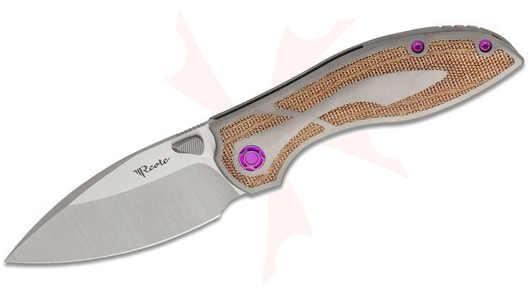 Reate Knives Iron Thumb Stud Folding Knife 3.25 inch M390 Satin Blade, Titanium Handles with Brown Micarta Inlays, Purple Hardware