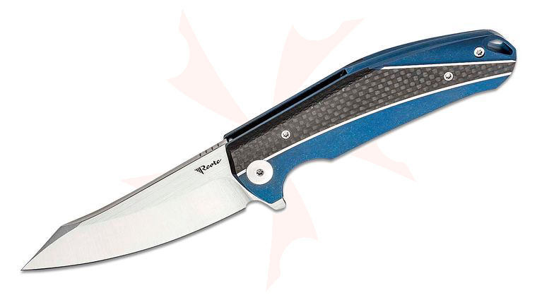 Reate Knives K-1 Flipper Knife 3.875 inch Bohler M390 Satin Blade, Blue Titanium Handles with Carbon Fiber Inlays