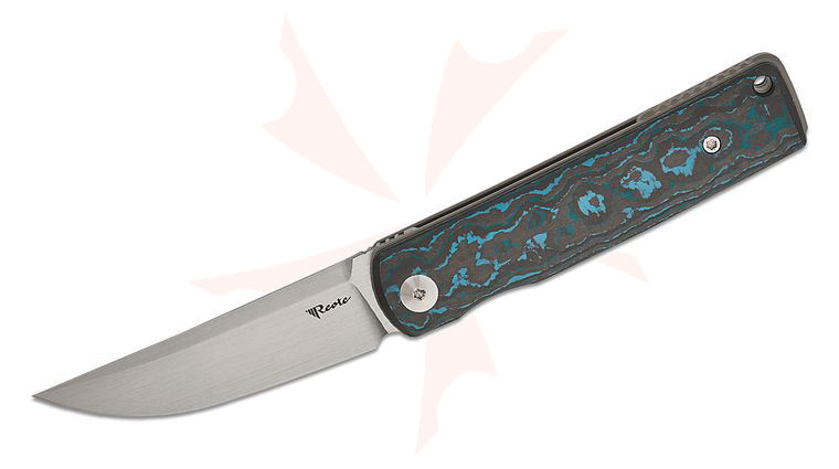 Reate Knives Bushido Liner Lock Front Flipper Knife 3 inch M390 Hand Satin Trailing Point Blade, Arctic Storm FatCarbon Handles
