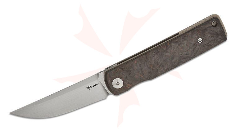 Reate Knives Bushido Liner Lock Front Flipper Knife 3 inch M390 Hand Satin Trailing Point Blade, Dark Matter Copper FatCarbon Handles