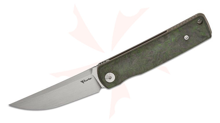 Reate Knives Bushido Liner Lock Front Flipper Knife 3.00 inch M390 Hand Satin Trailing Point Blade, Dark Matter Green FatCarbon Handles