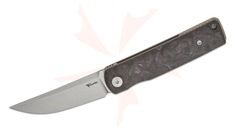 Reate Knives Bushido Liner Lock Front Flipper Knife 3 inch M390 Hand Satin Trailing Point Blade, Dark Matter Purple FatCarbon Handles