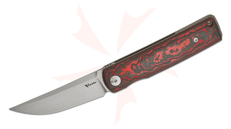 Reate Knives Bushido Liner Lock Front Flipper Knife 3 inch M390 Hand Satin Trailing Point Blade, Lava Flow FatCarbon Handles