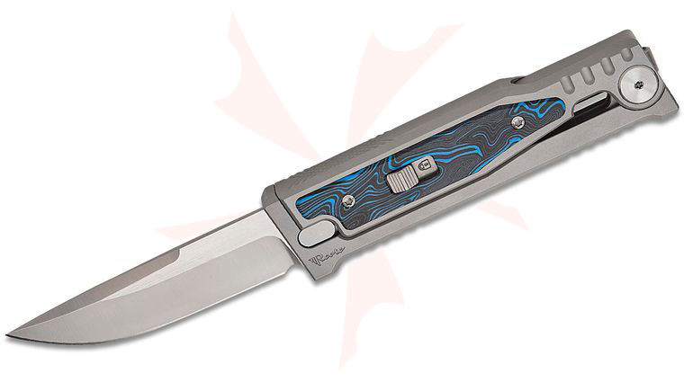 Reate Knives EXO-M Gravity Knife 3.23 inch Elmax Satin Drop Point Blade, Bead Blasted Machined Titanium Handles with Black/Blue G-Mascus Inlays