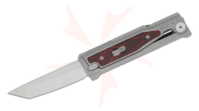 Reate Knives EXO-M Gravity Knife 3.23 inch Elmax All Satin Tanto Blade, Bead Blasted Machined Titanium Handles with Black/Red G-Mascus Inlays