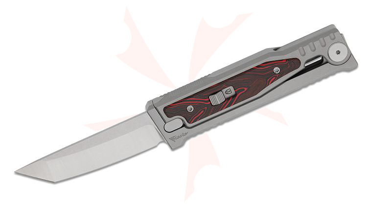 Reate Knives EXO-M Gravity Knife 3.23 inch Elmax Satin Tanto Blade, Bead Blasted Machined Titanium Handles with Black/Red G-Mascus Inlays