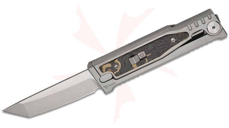 Reate Knives EXO-M Gravity Knife 3.23 inch Elmax Satin Tanto Blade, Bead Blasted Machined Titanium Handles with Burl Linen Camo Micarta Inlays