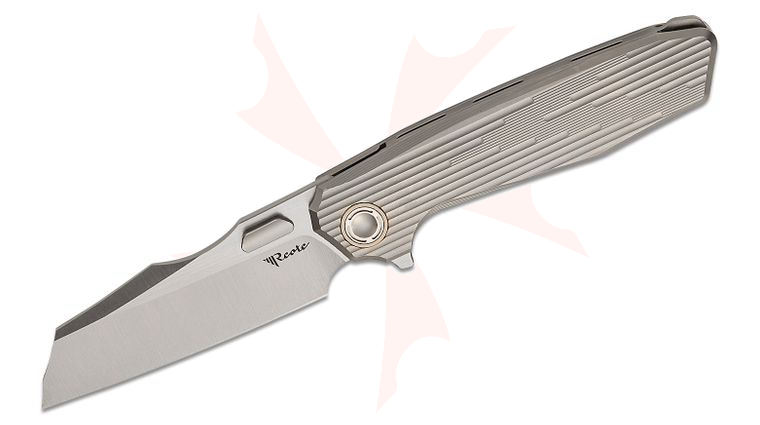 Reate Knives Mantis Inset Liner Lock Flipper Knife 3.6 inch Elmax Belt Satin Sheepsfoot Blade, Bead Blasted Titanium Handles with Milled Pattern