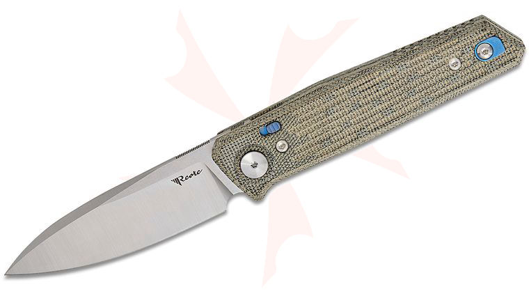Reate Knives PL-6 Pivot Lock Front Flipper Knife 3.5 inch Nitro-V Belt Satin Drop Point Blade, Machined Green/Black Micarta Handles, Reversible Clip