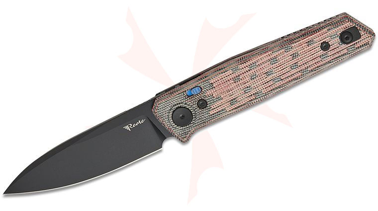 Reate Knives PL-6 Pivot Lock Front Flipper Knife 3.5 inch Nitro-V Black PVD Drop Point Blade, Machined Red/Black Micarta Handles, Reversible Clip