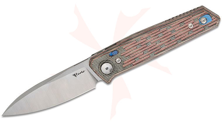 Reate Knives PL-6 Pivot Lock Front Flipper Knife 3.5 inch Nitro-V Belt Satin Drop Point Blade, Machined Red/Black Micarta Handles, Reversible Clip