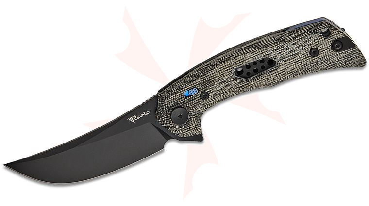 Reate Knives PL-7 Pivot Lock Flipper Knife 3.5 inch Nitro-V Black PVD Trailing Point Blade, Machined Black Micarta Handles, Reversible Titanium Clip