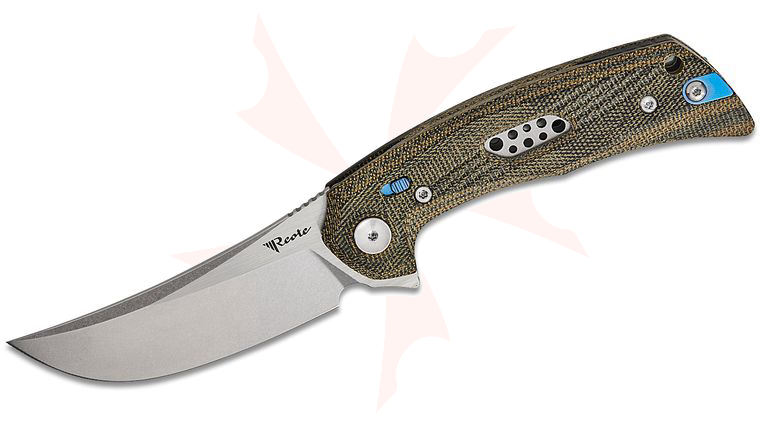 Reate Knives PL-7 Pivot Lock Flipper Knife 3.5 inch Nitro-V Belt Satin Trailing Point Blade, Machined Green/Black Micarta Handles, Reversible Titanium Clip