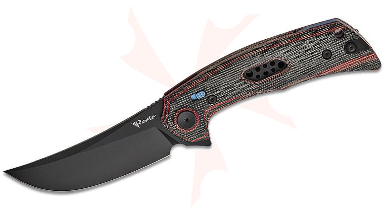 Reate Knives PL-7 Pivot Lock Flipper Knife 3.5 inch Nitro-V Black PVD Trailing Point Blade, Machined Red/Black Micarta Handles, Reversible Titanium Clip