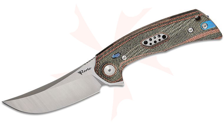 Reate Knives PL-7 Pivot Lock Flipper Knife 3.5 inch Nitro-V Belt Satin Trailing Point Blade, Machined Red/Black Micarta Handles, Reversible Titanium Clip