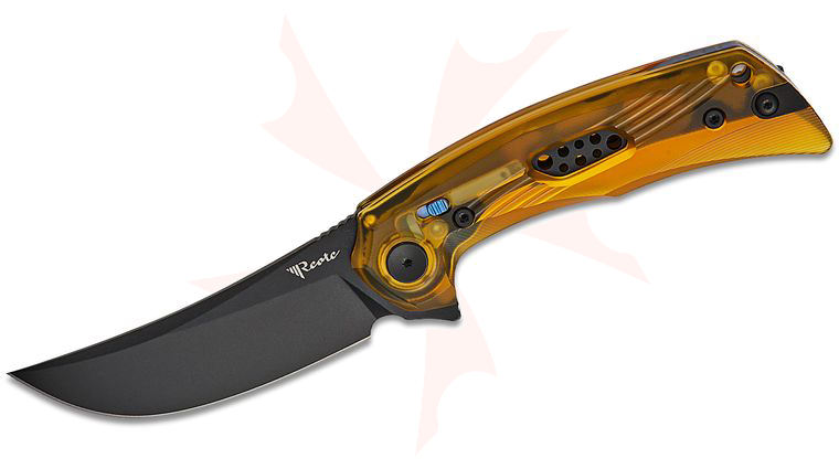 Reate Knives PL-7 Pivot Lock Flipper Knife 3.5 inch Nitro-V Black PVD Trailing Point Blade, Machined Ultem Handles, Reversible Titanium Clip