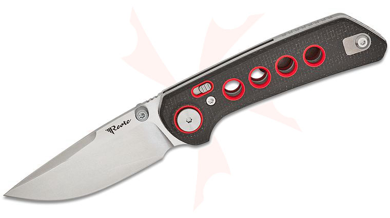 Reate Knives Alvin Lee PL-XT Pivot Lock Folding Knife 3 inch Nitro-V Stonewashed Drop Point Blade, Contoured Milled Black Micarta Handles with Red G10 Inlays