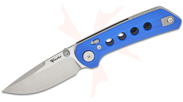 Reate Knives Alvin Lee PL-XT Pivot Lock Folding Knife 3 inch Nitro-V Stonewashed Drop Point Blade, Contoured Milled Blue G10 Handles