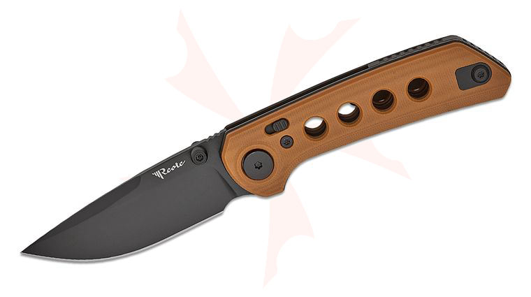 Reate Knives Alvin Lee PL-XT Pivot Lock Folding Knife 3 inch Nitro-V Black PVD Drop Point Blade, Contoured Milled Tan G10 Handles