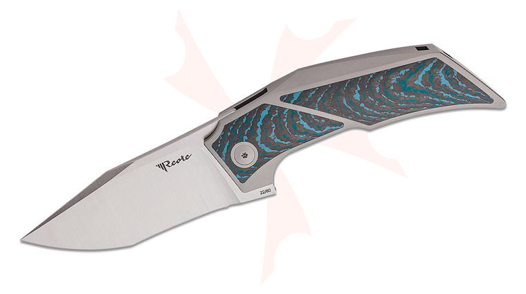 Reate Knives Tashi Bharucha T3500 Flipper Knife 3.5 inch M390 Belt Satin Recurve Tanto Blade, Titanium Handles with Crosscut Arctic Storm FatCarbon Inlays