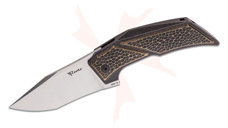 Reate Knives Tashi Bharucha T3500 Flipper Knife 3.5 inch M390 Belt Satin Recurve Tanto Blade, Black PVD Stonewashed Titanium Handles with Textured Brass Inlays