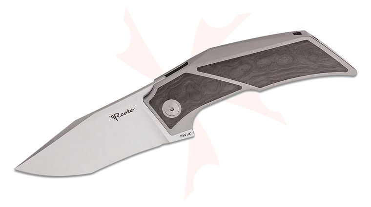 Reate Knives Tashi Bharucha T3500 Flipper Knife 3.5 inch M390 Belt Satin Recurve Tanto Blade, Titanium Handles with Black Camo FatCarbon Inlays