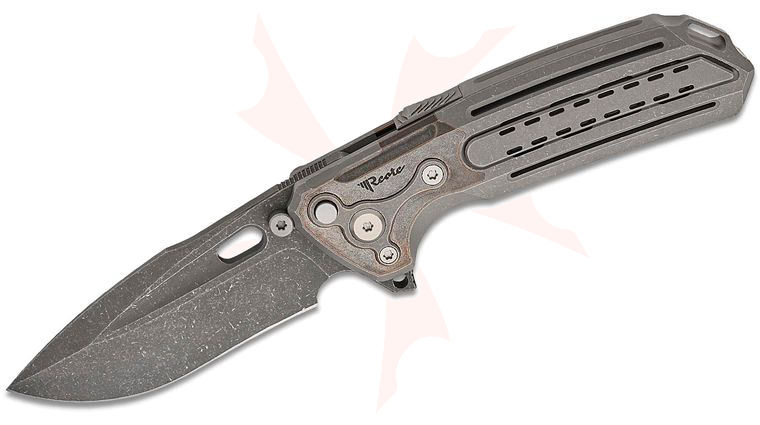 Reate Knives Terminator-T600 Button Frame Lock Flipper Knife 3.78 inch CPM-MagnaCut Acid Washed Harpoon Drop Point Blade, Darkwashed Machined Titanium Handles with Copper Inlays, Sliding Spine Lock