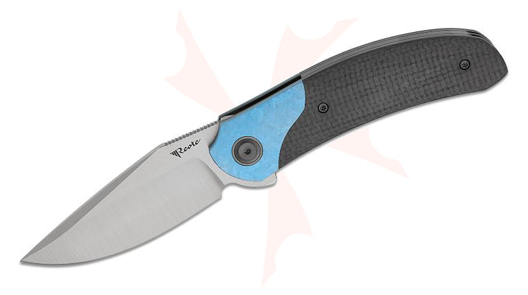 Reate Knives TF-4 Liner Lock Flipper Knife 3.4 inch M398 Belt Satin Drop Point Blade, Carbon Fiber Handles with Blue Crystallized Titanium Bolsters, Black DLC Accents