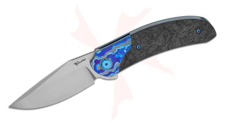 Reate Knives TF-4 Liner Lock Flipper Knife 3.4 inch M398 Hand Rubbed Satin Drop Point Blade, Marble Carbon Fiber Handles with Zircuti Bolsters, Zirconium Clip, Blue Ti Accents