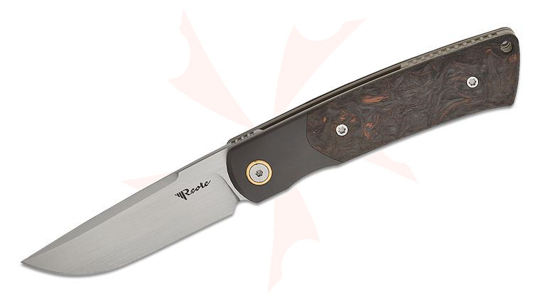 Reate Knives Jack Chen Tribute Front Flipper Knife 2.76 inch M390 Hand Rubbed Satin Drop Point Blade, Dark Matter Copper FatCarbon Handles with Zirconium Bolsters
