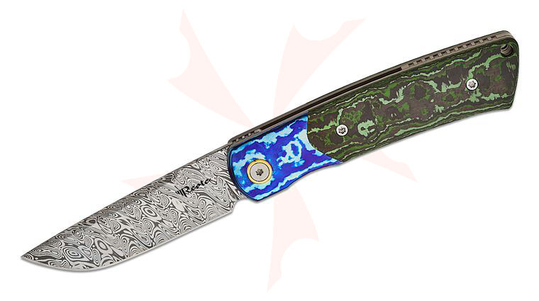 Reate Knives Jack Chen Tribute Front Flipper Knife 2.76 inch Damasteel Drop Point Blade, Jungle Wear FatCarbon Handles with Mokuti Bolsters and Clip