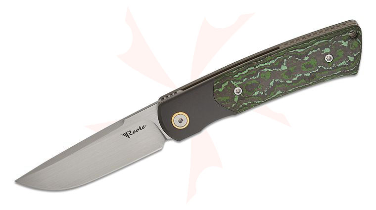 Reate Knives Jack Chen Tribute Front Flipper Knife 2.76 inch M390 Hand Rubbed Satin Drop Point Blade, Jungle Wear FatCarbon Handles with Zirconium Bolsters