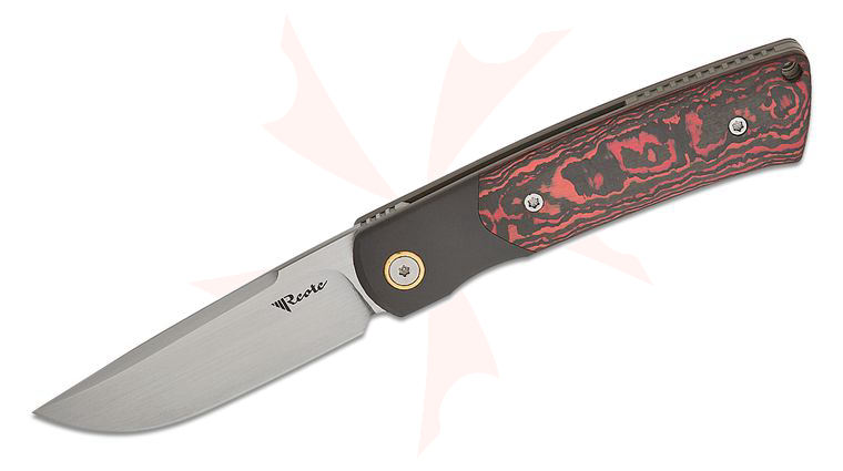 Reate Knives Jack Chen Tribute Front Flipper Knife 2.76 inch M390 Hand Rubbed Satin Drop Point Blade, Lava Flow FatCarbon Handles with Zirconium Bolsters
