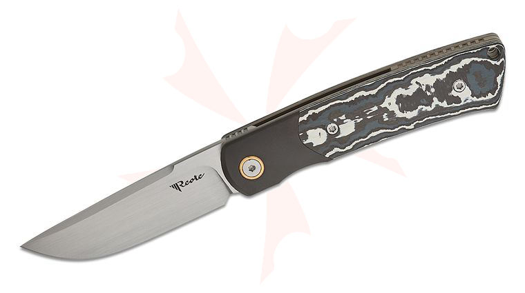Reate Knives Jack Chen Tribute Front Flipper Knife 2.76 inch M390 Hand Rubbed Satin Drop Point Blade, White Storm FatCarbon Handles with Zirconium Bolsters