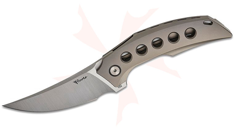 Reate Knives Tashi Bharucha Velocity Frame Lock Flipper Knife 3.3 inch Elmax Belt Satin Trailing Point Blade, Bead Blasted Hole Pattern Milled Titanium Handles, Zirconium Collars