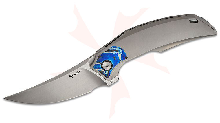 Reate Knives Tashi Bharucha Velocity Frame Lock Flipper Knife 3.3 inch Elmax Hand Satin Trailing Point Blade, Bead Blasted Titanium Handles with Zircuti Bolster Inlays and Clip, Zirconium Collars