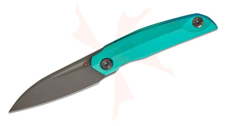 Reate Knives VULPEX Knives VK-ANUB Frame Lock Front Flipper Knife 3.375 inch Elmax Dark Bead Blasted Drop Point Blade, Blue Cyan Titanium Handles, Dark Bead Blast Titanium Accents
