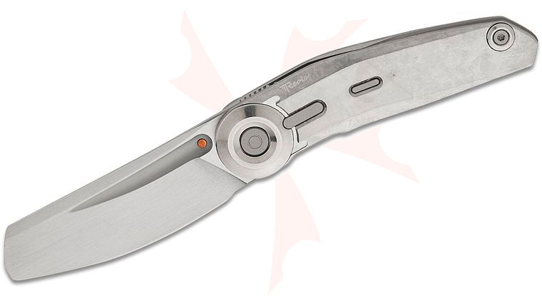 Reate Knives VULPEX Knives VK-CLU Liner Lock Front Flipper Knife 3.25 inch Elmax Hand Rubbed Satin Modified Sheepsfoot Blade, Crystallized Gray Titanium Handles, Bead Blasted Titanium Accents