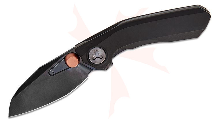 Reate Knives VULPEX Knives VK-FROK Frame Lock Flipper Knife 3.2 inch Elmax Black DLC Modified Sheepsfoot Blade, Black PVD Titanium Handles, Blasted Zirconium Accents
