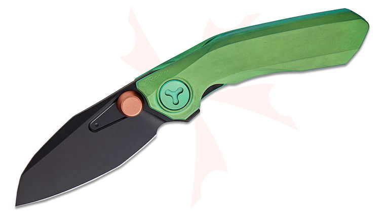 Reate Knives VULPEX Knives VK-FROK Frame Lock Flipper Knife 3.2 inch Elmax Black DLC Modified Sheepsfoot Blade, Green Titanium Handles and Accents