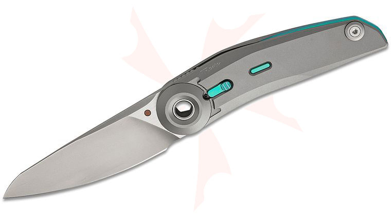 Reate Knives VULPEX Knives VK-TRON Double Detent Flipper Knife 3.375 inch M390 Frosted Satin Drop Point Blade, Bead Blasted Titanium Handles, Blue Cyan Titanium Accents