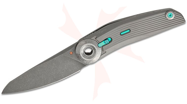 Reate Knives VULPEX Knives VK-TRON Double Detent Flipper Knife 3.375 inch M390 Darkwashed Drop Point Blade, Bead Blasted Titanium Handles with Machined Pattern, Crystallized Titanium Accents