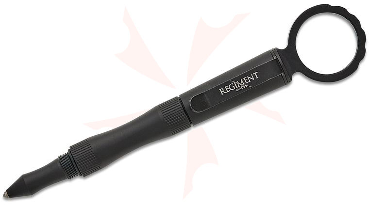 Regiment Blades Combatives Pen, 6.375 inch Overall, Black Aluminum with Finger Ring and Glass Breaker